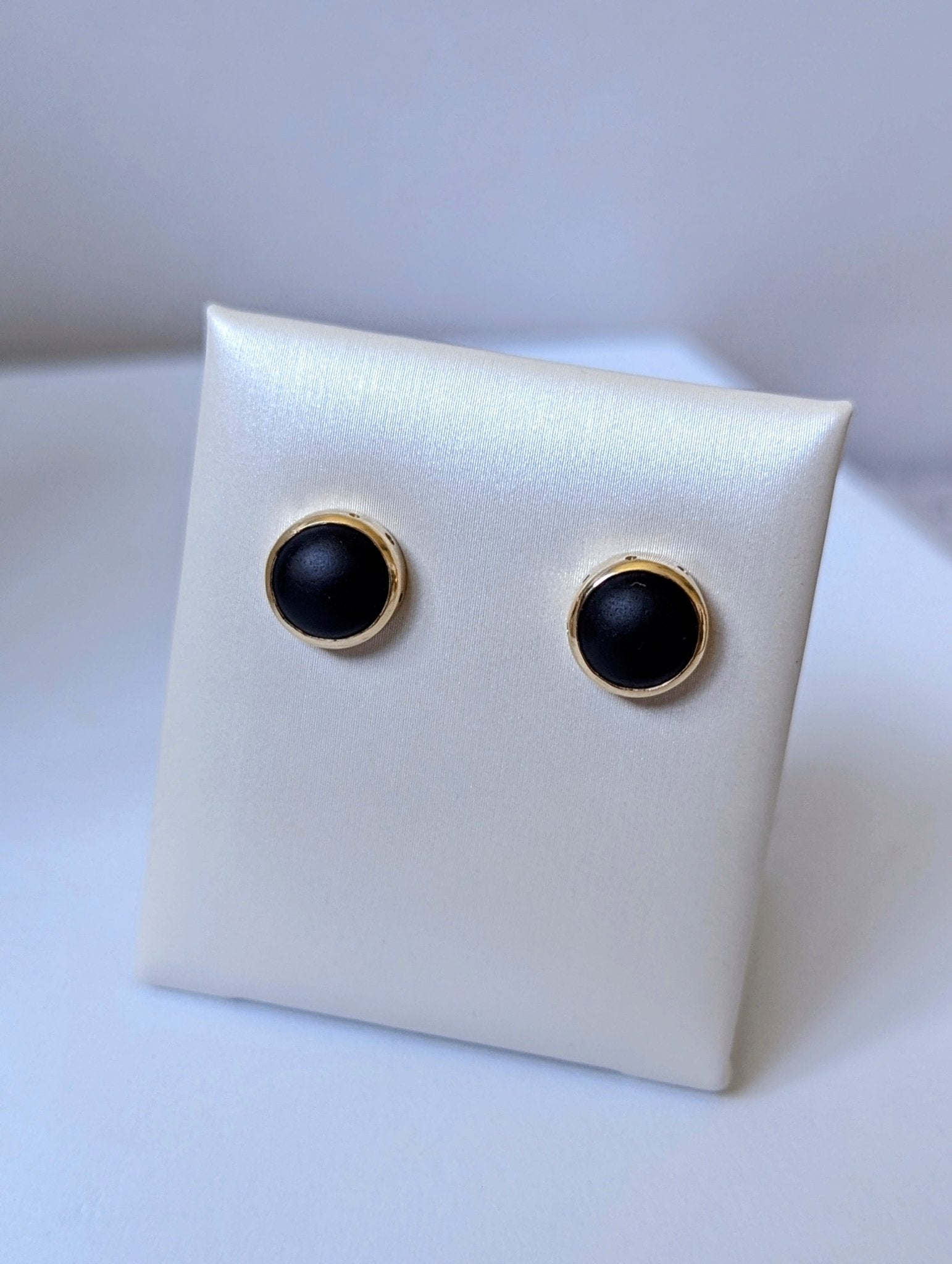 Rare Black Sea Glass Gold Stud Earrings made with recycled 9 Carat Gold – Allure Collection by Booblinka Jewellery 