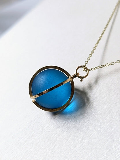 Blue Sea Glass Marble Gold Necklace - Allure Sea Glass CollectionBooblinka Jewellery