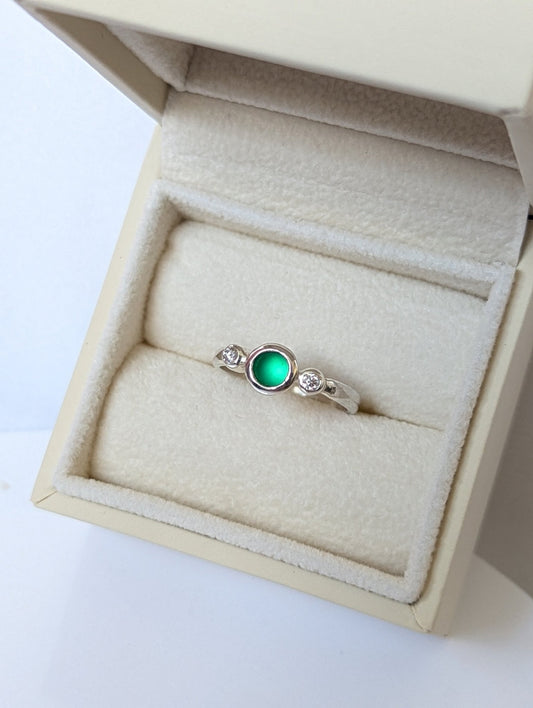 Green Sea Glass and Moissanite Engagement Silver Ring from Allure Collection in a plush ivory jewellery box by Booblinka jewellery