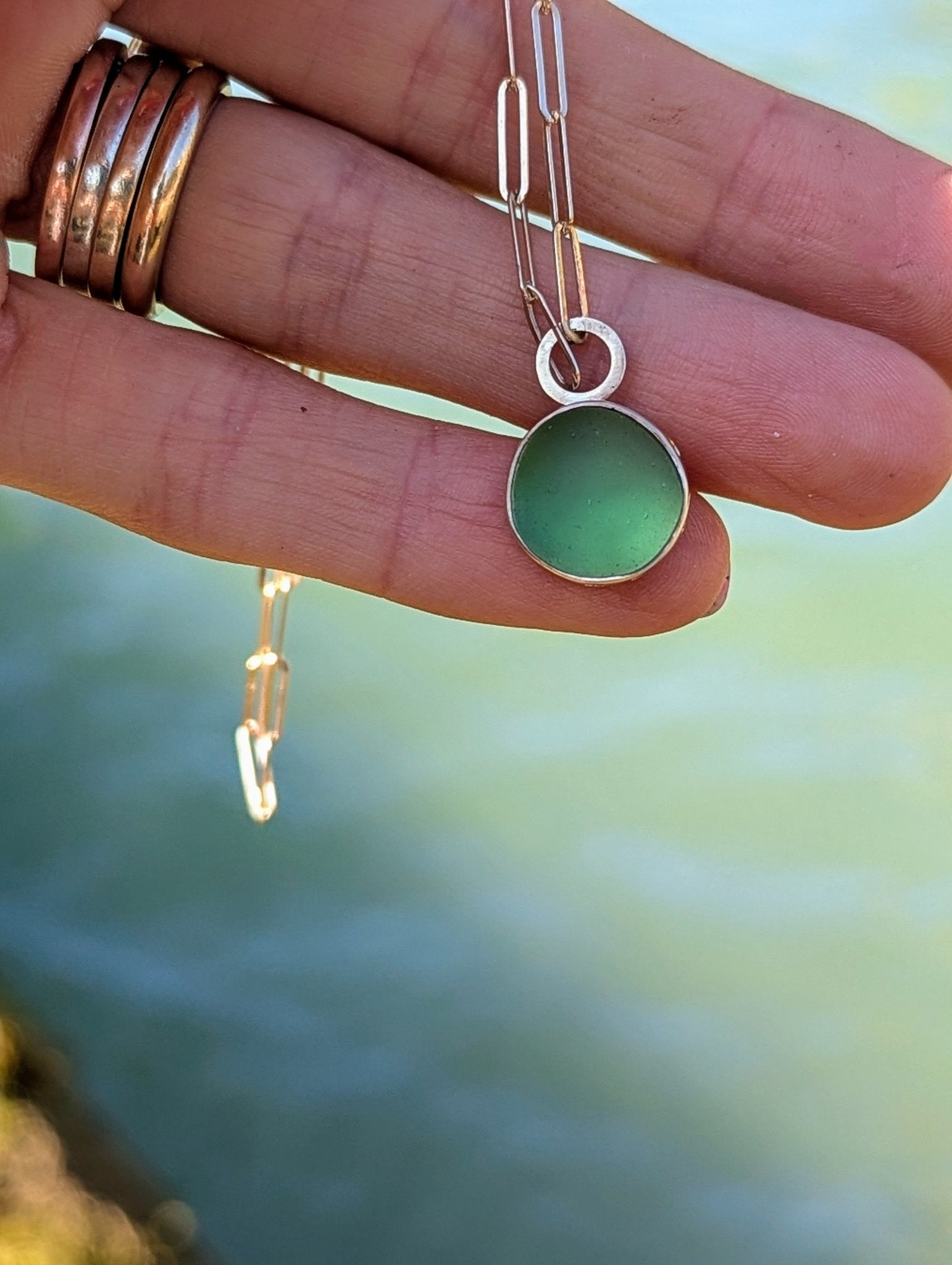 Pastel Green Sea Glass Necklace in 9 Carat Gold with Bubble Detail - Allure CollectionNecklacesBooblinka Jewellery