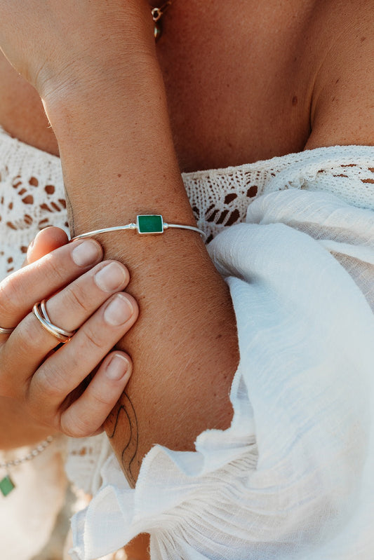 Rectangle Green Sea Glass Silver Bangle - Coastal CharmsbraceletBooblinka Jewellery