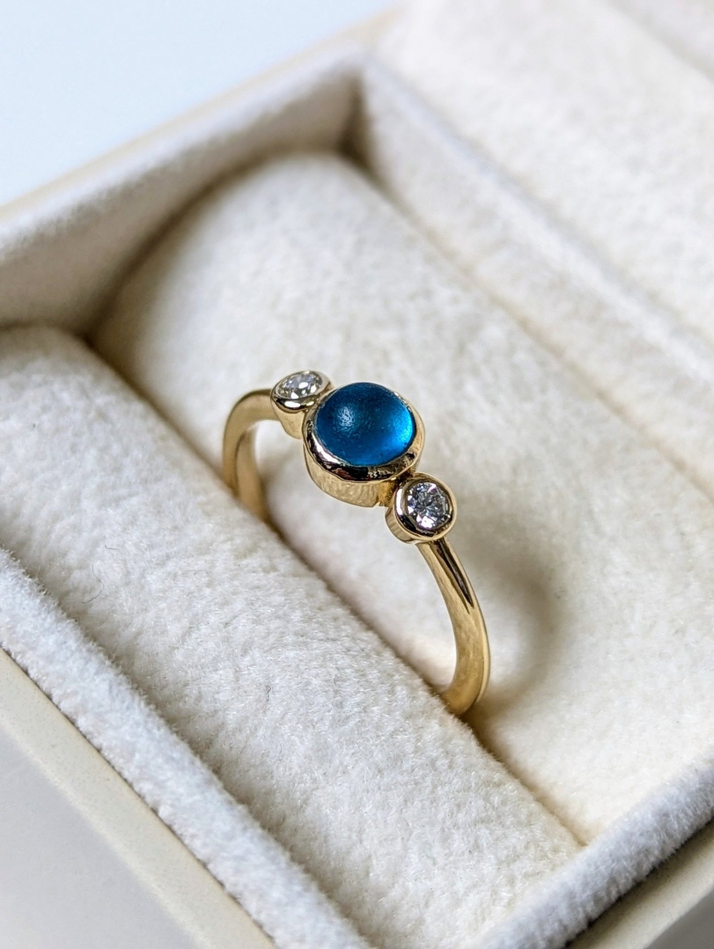 Solid 9 Carat Gold Engagement Ring with Blue Sea Glass and Ocean Diamondsengagement ringBooblinka Jewellery