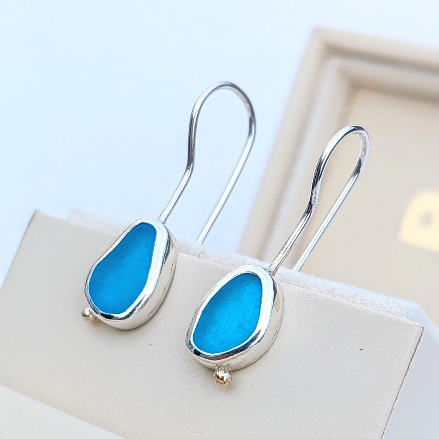 Turquoise Sea Glass Silver Drop Earrings with Gold Granule – Allure CollectionEarringsBooblinka Jewellery