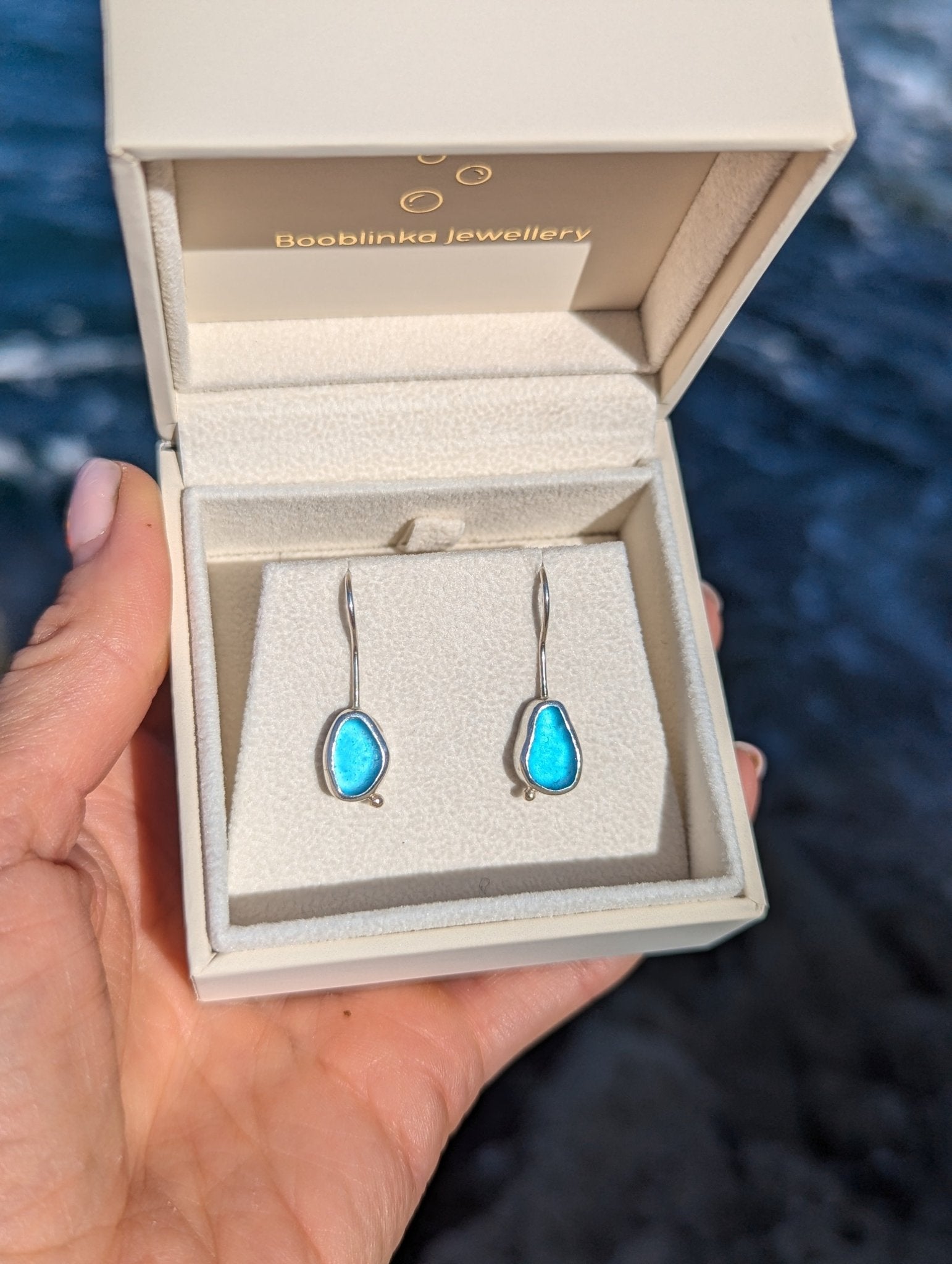 Turquoise Sea Glass Silver Drop Earrings with Gold Granule – Allure CollectionEarringsBooblinka Jewellery