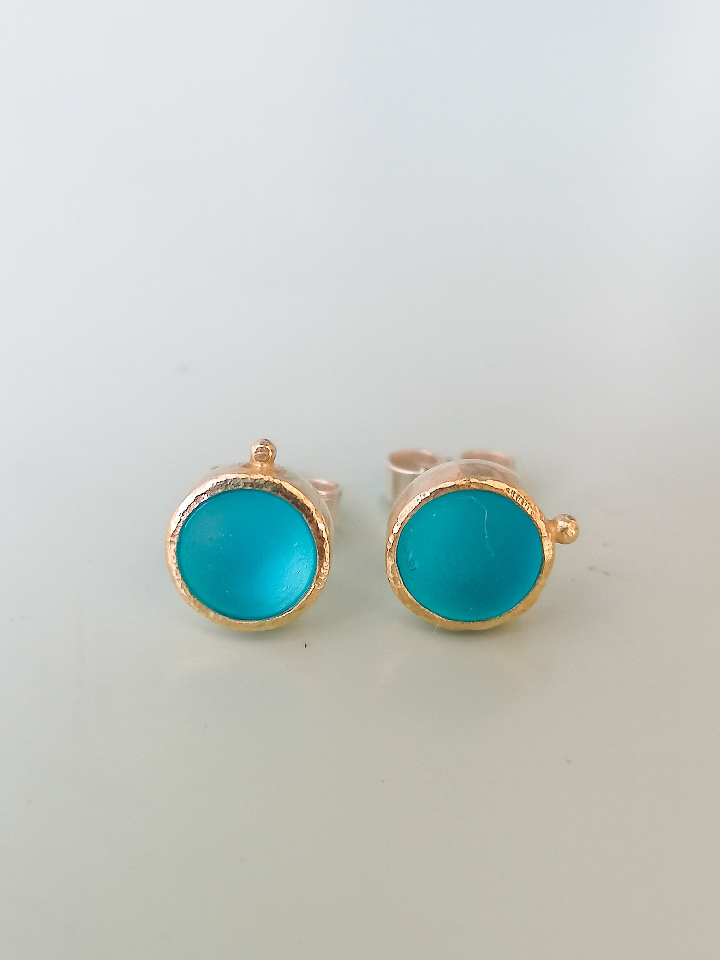 Gold and Silver Blue Seaglass Earrings