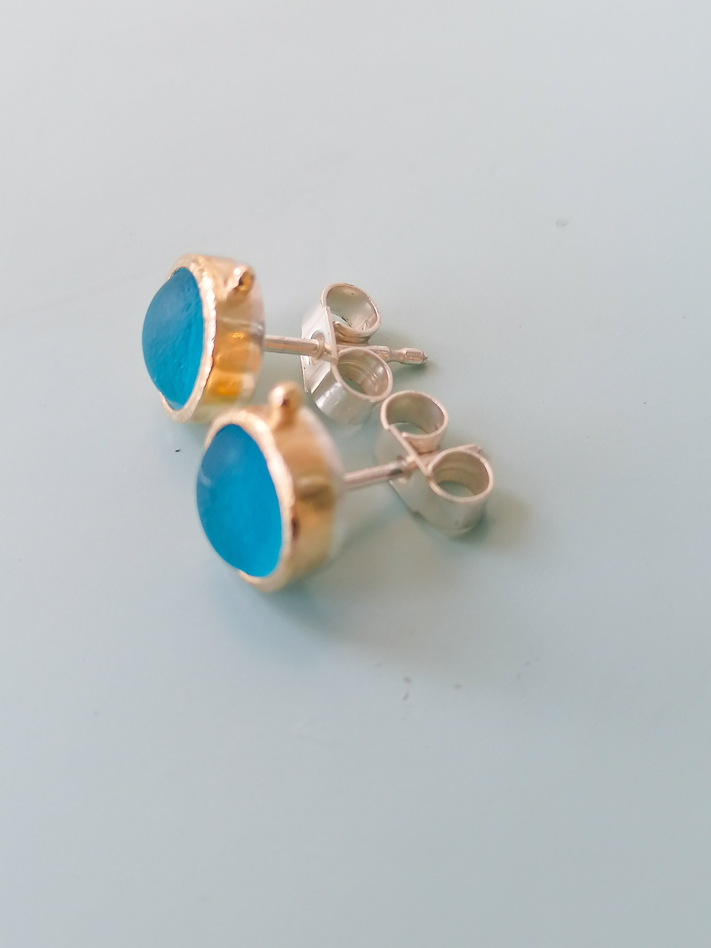 Gold and Silver Blue Seaglass Earrings