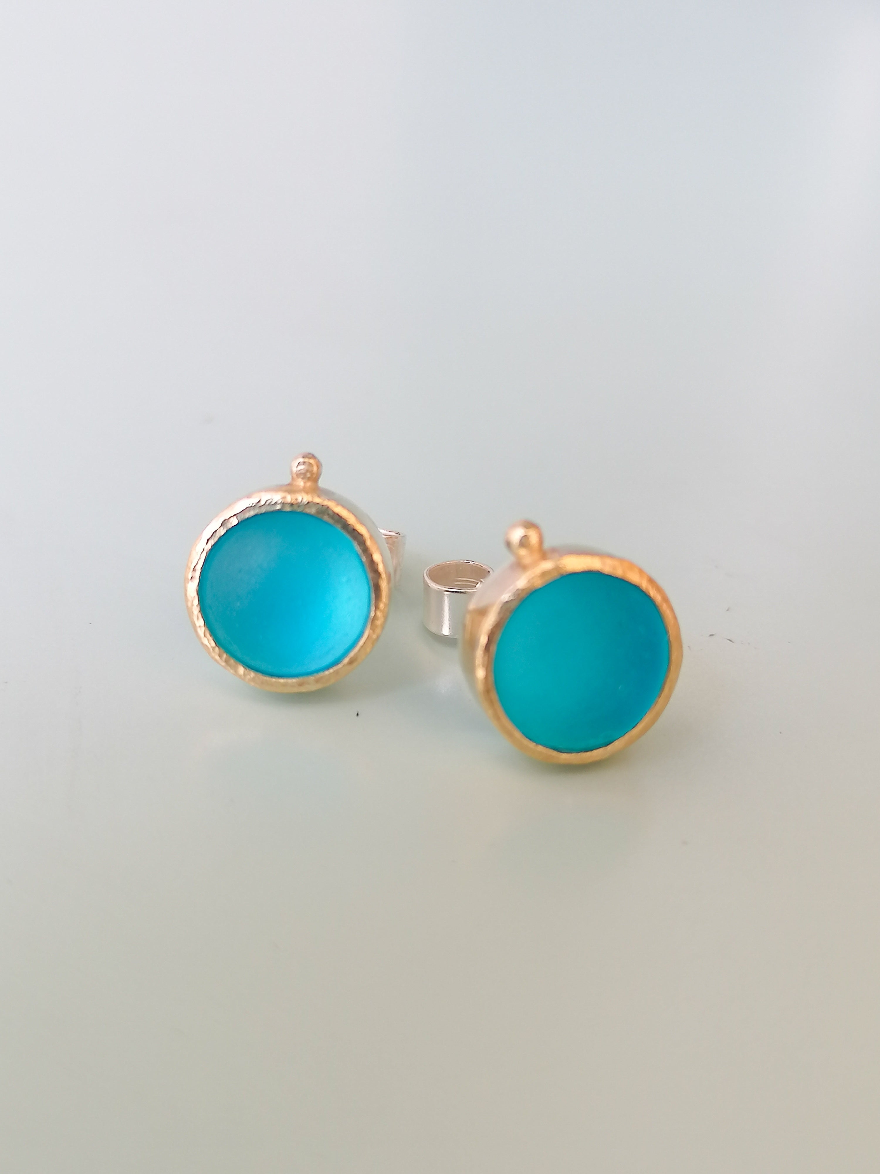 Gold and Silver Blue Seaglass Earrings