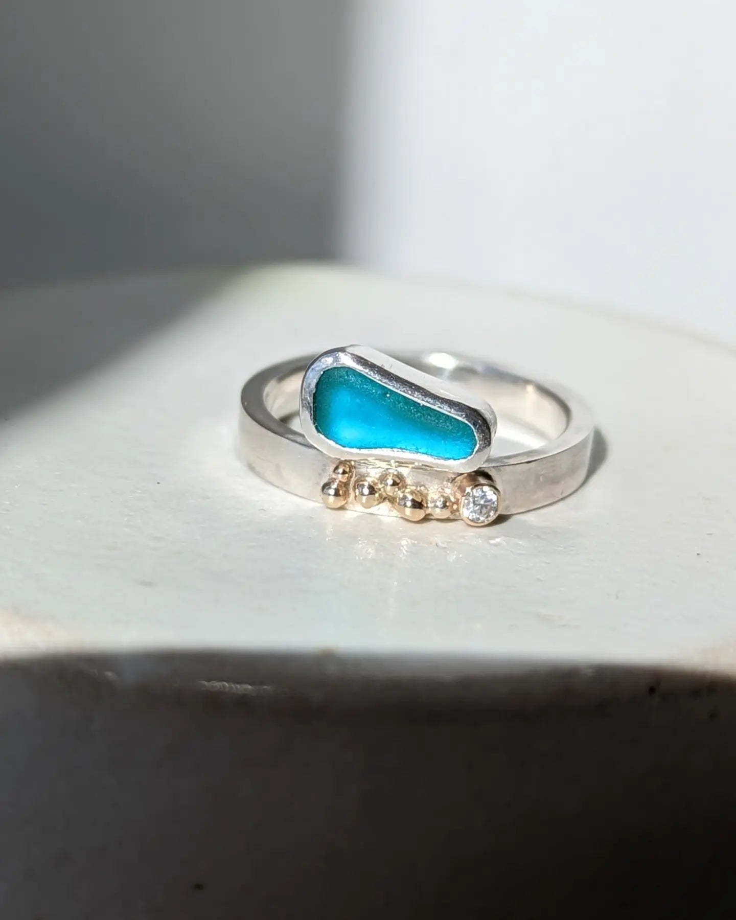 Turquoise sea glass ring with gold granules and moissanite - Booblinka Jewellery
