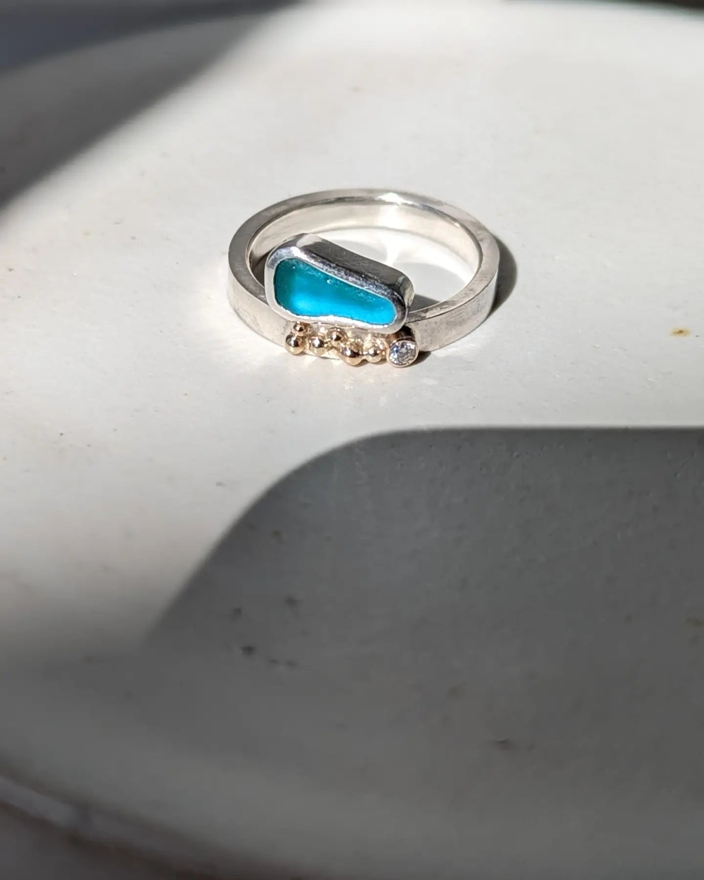 Turquoise sea glass ring with gold granules and moissanite - Booblinka Jewellery