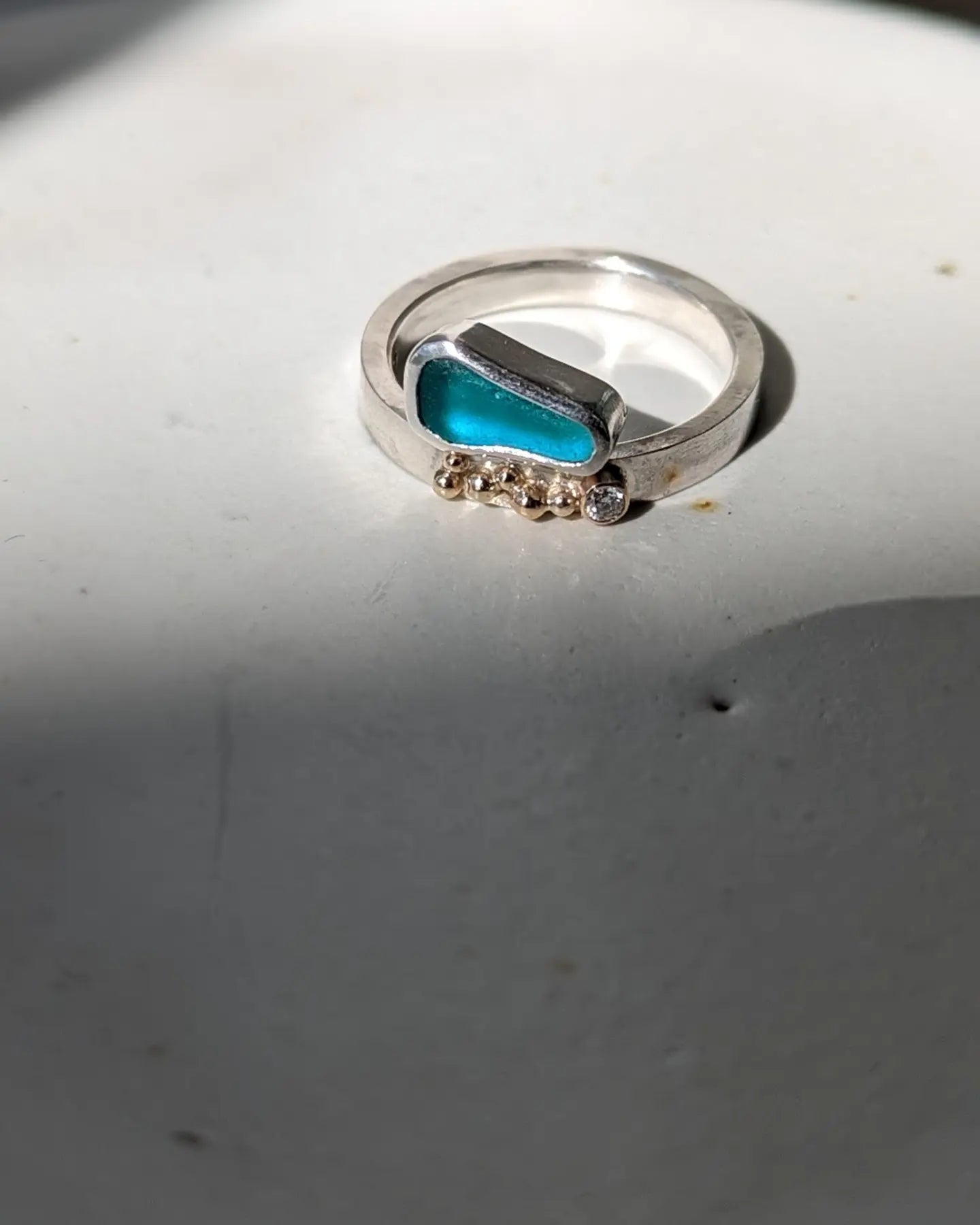Turquoise sea glass ring with gold granules and moissanite - Booblinka Jewellery