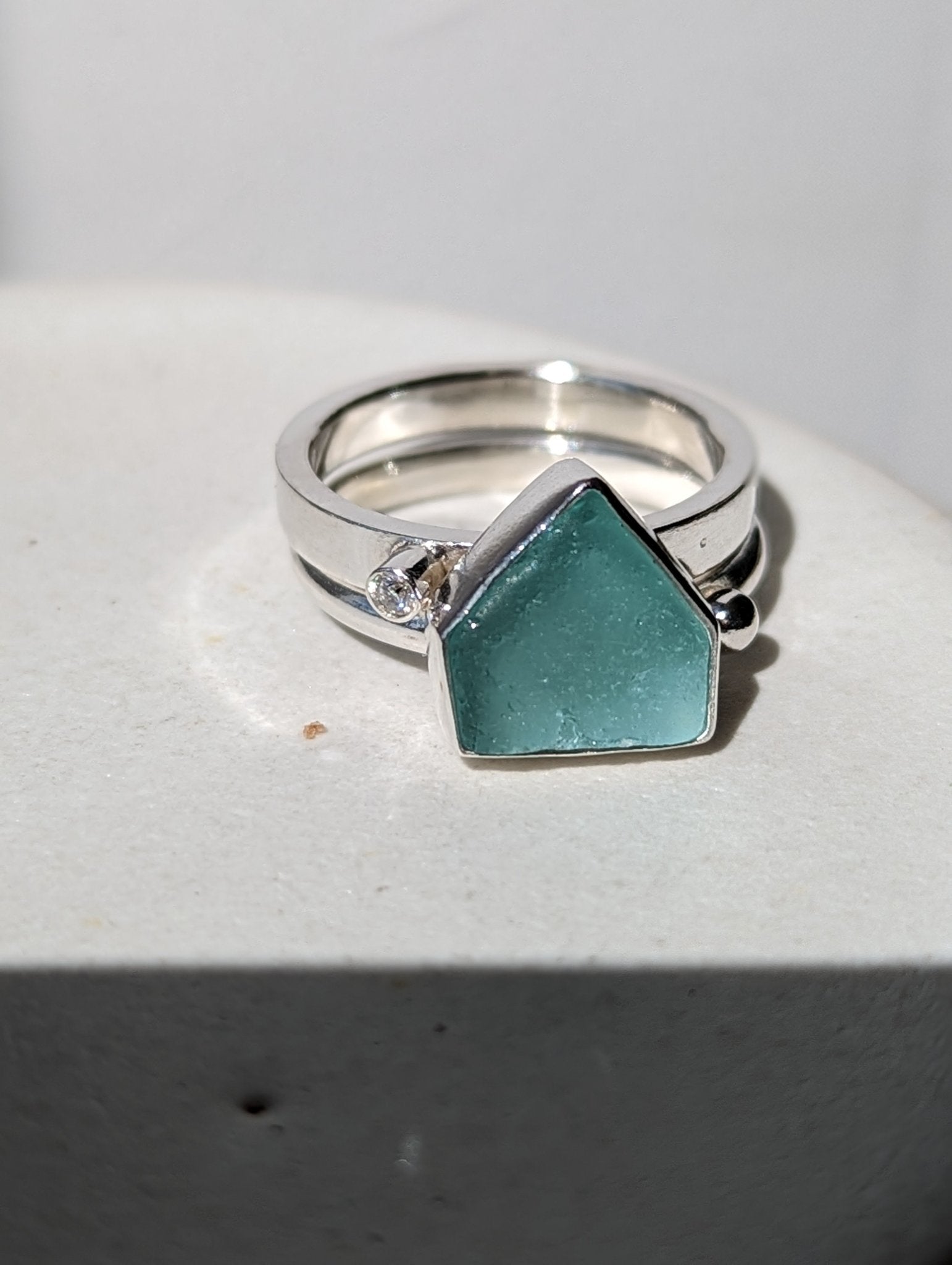 Aqua Blue Sea Glass Spinning Ring - Booblinka Jewellery