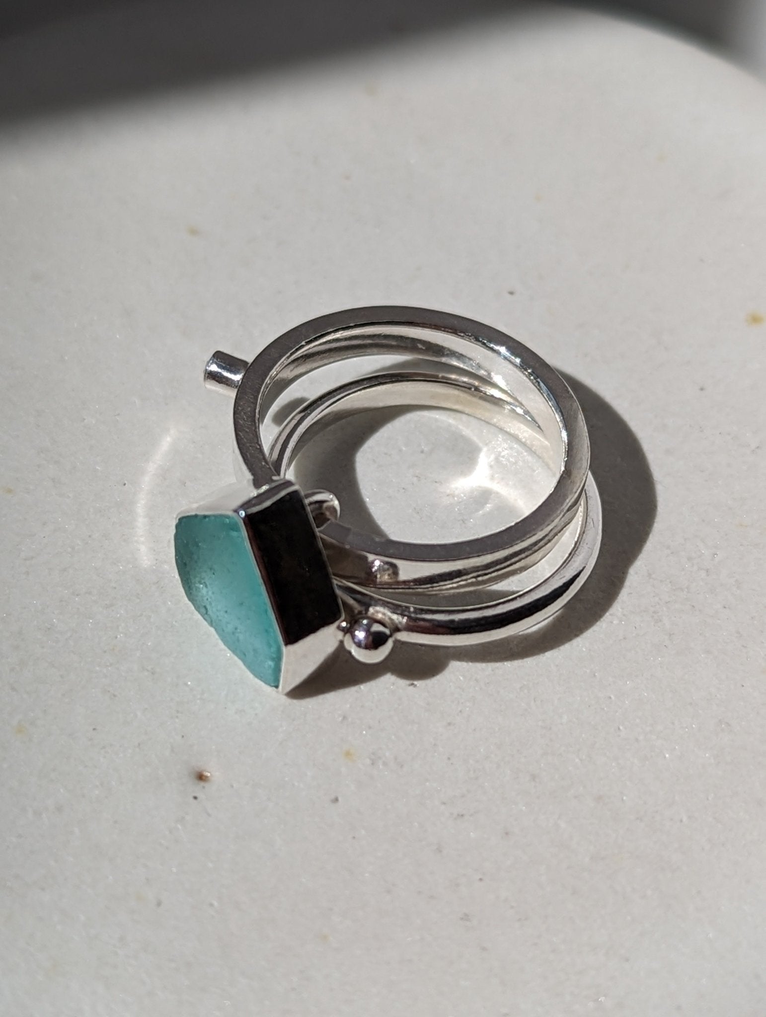 Aqua Blue Sea Glass Spinning Ring - Booblinka Jewellery