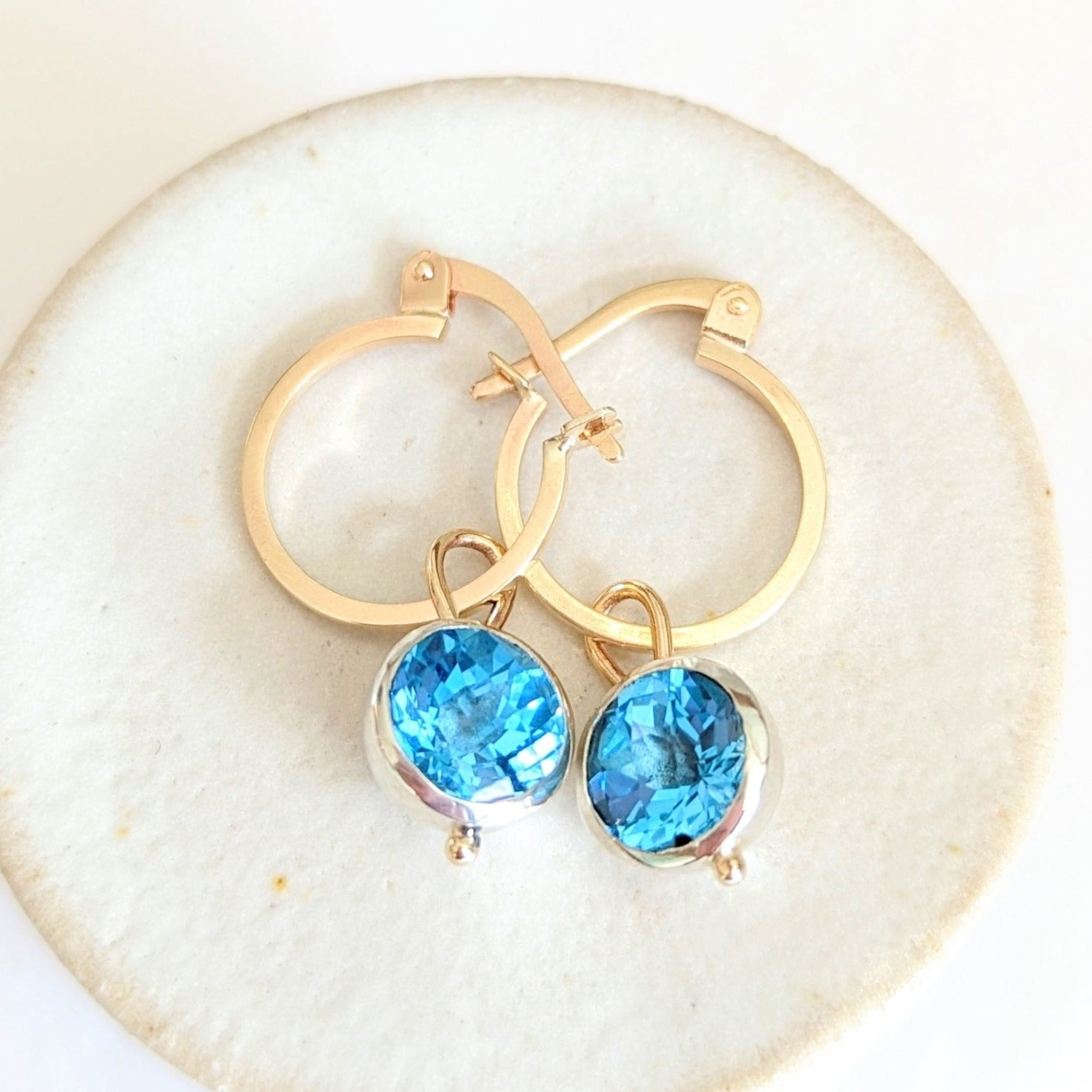 Gold Swiss Blue Topaz Charm Hoop Earrings - Ocean Collection by Booblinka Jewellery